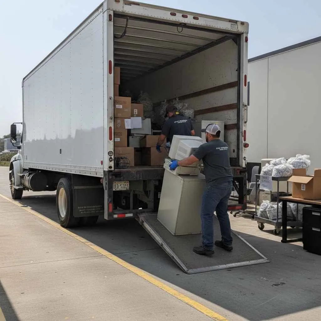 Office junk being loaded into a professional removal truck