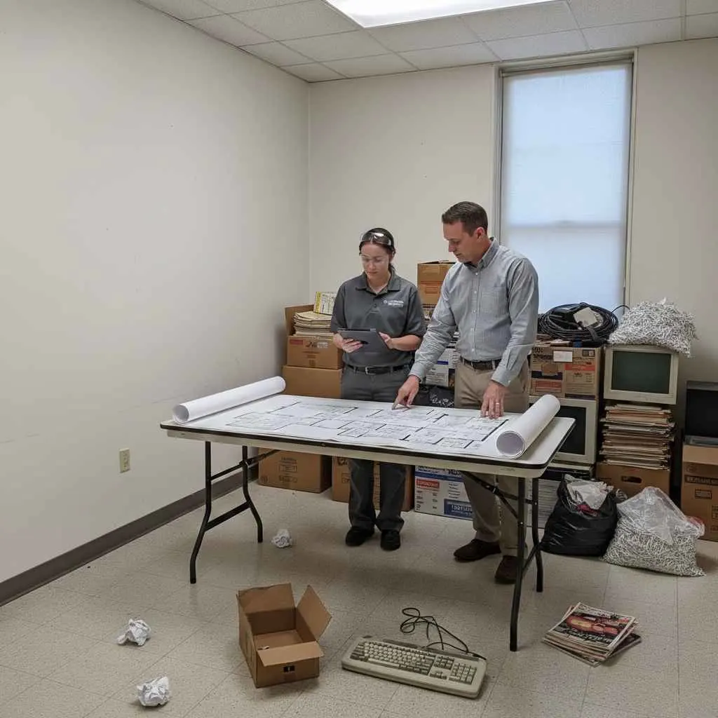 Technician reviewing commercial junk removal plan with office manager