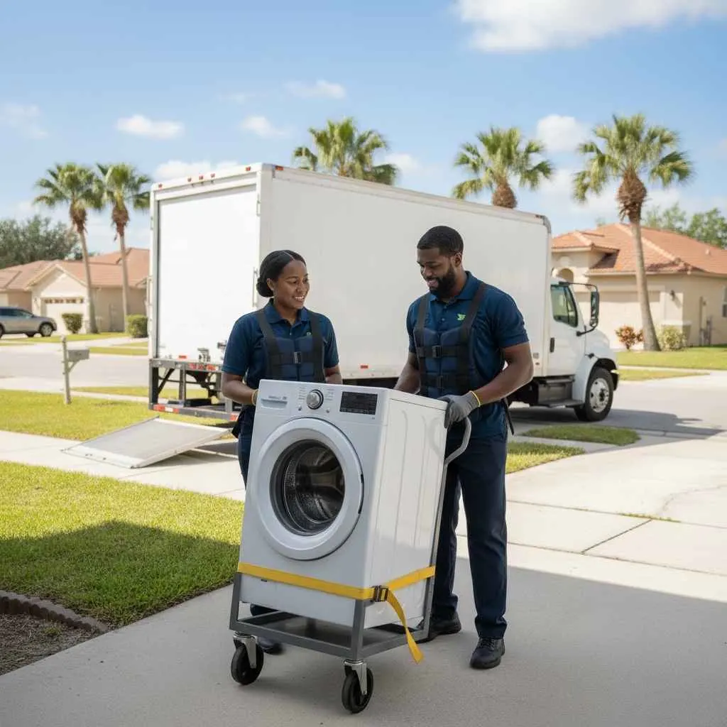 Technicians safely removing a washer