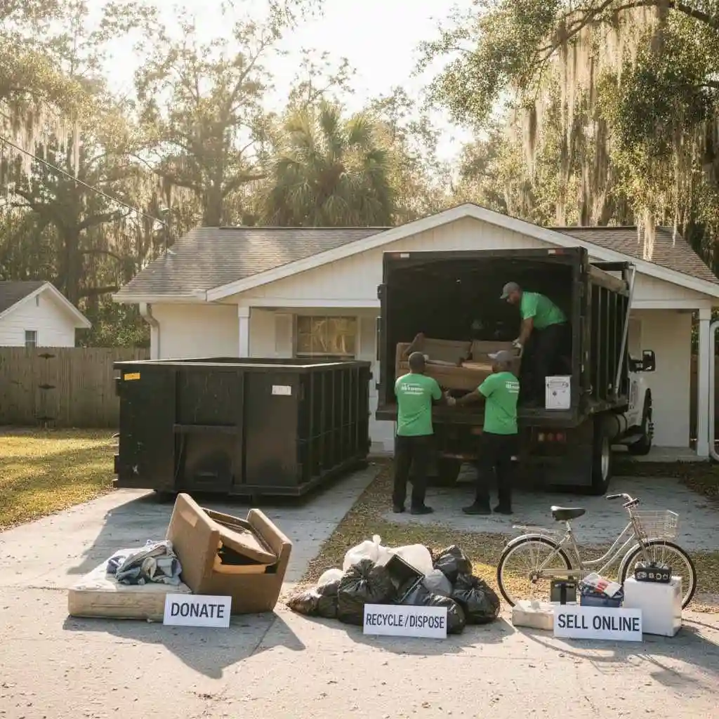 junk removal team loading truck at rental property