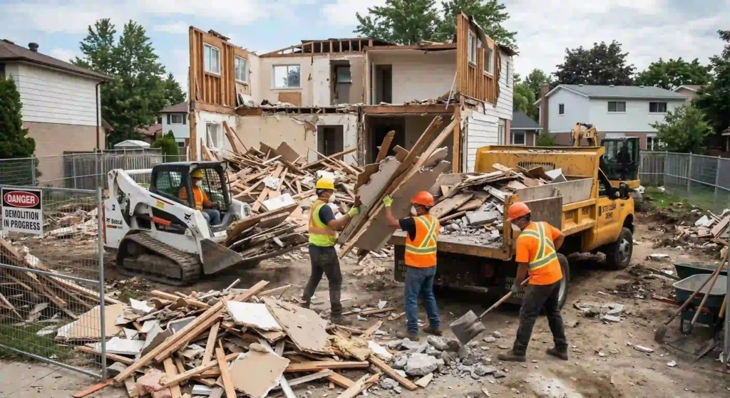 Crew removing debris from a residential demolition project.