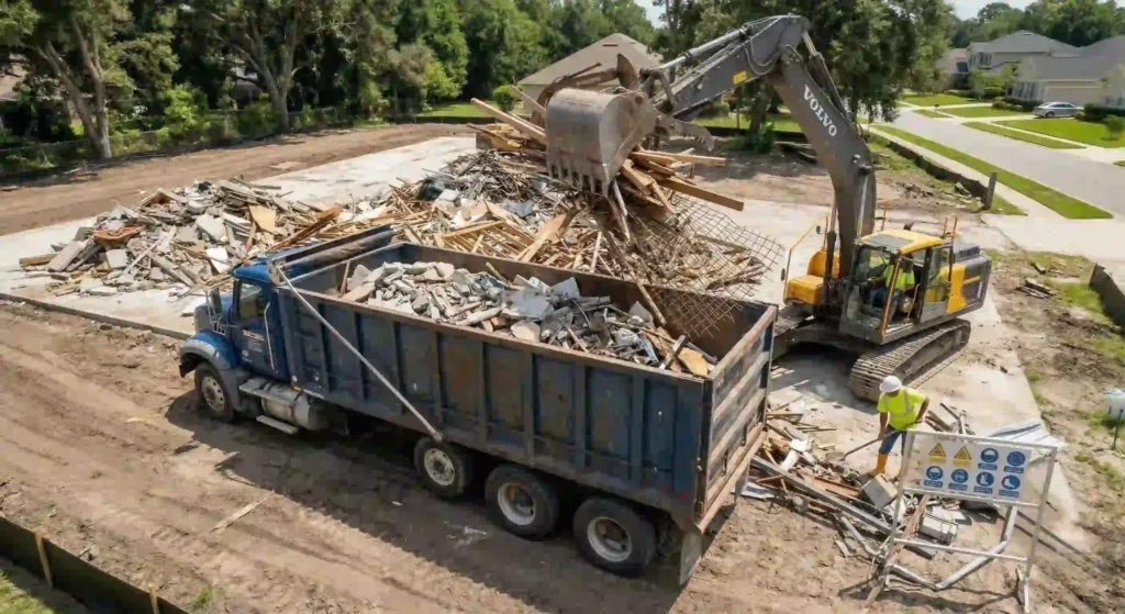 Hauling truck being loaded with construction debris.