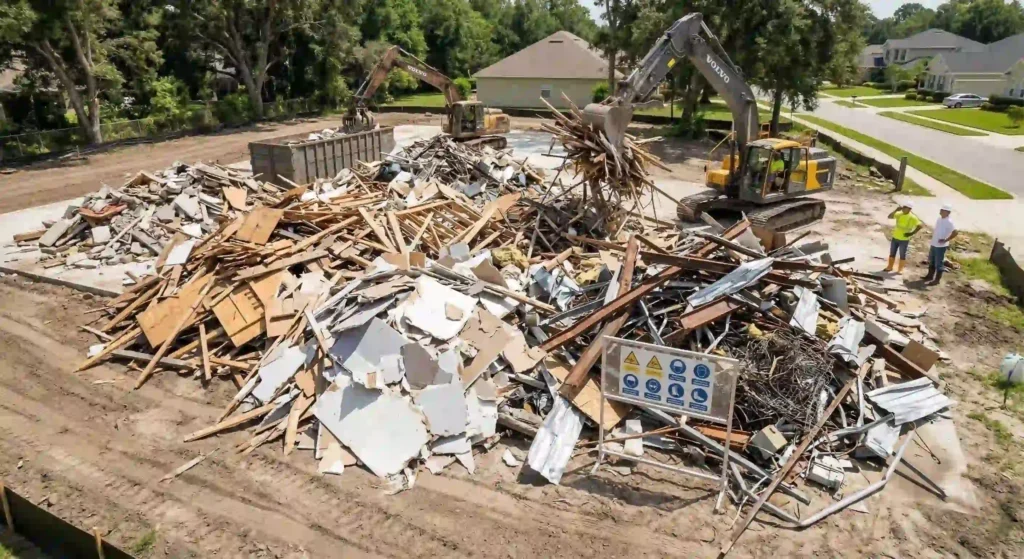 Pile of mixed construction debris, including wood, drywall, and metal.