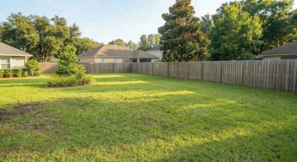 clean backyard space where a shed used to stand.
