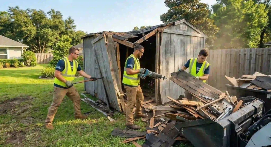crew dismantling an old backyard shed during demolition.