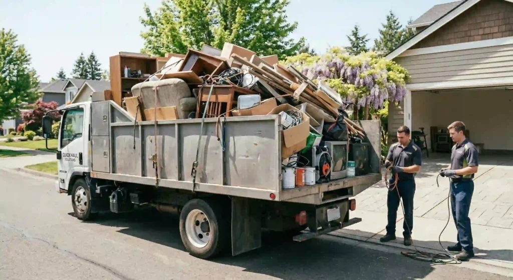 hauling truck loaded with residential junk