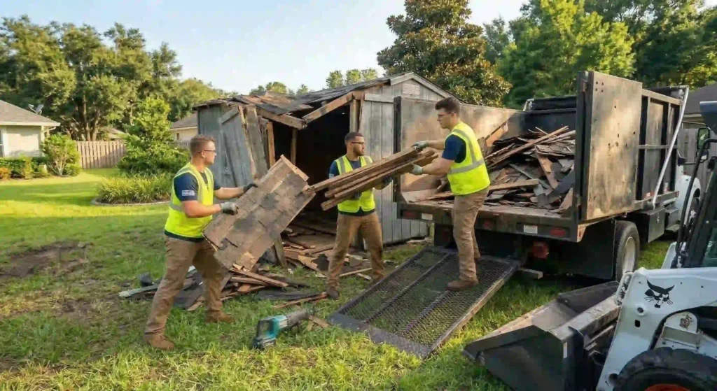 workers loading shed debris into a hauling truck.